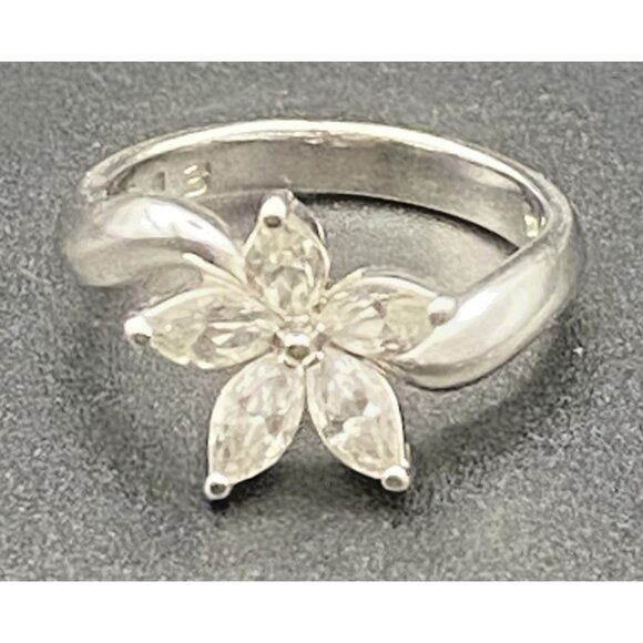 Unbranded Jewelry - Sterling Silver CZ Flower Ring Marquise 925 Plumeria Daisy Size 6.5 April Bday